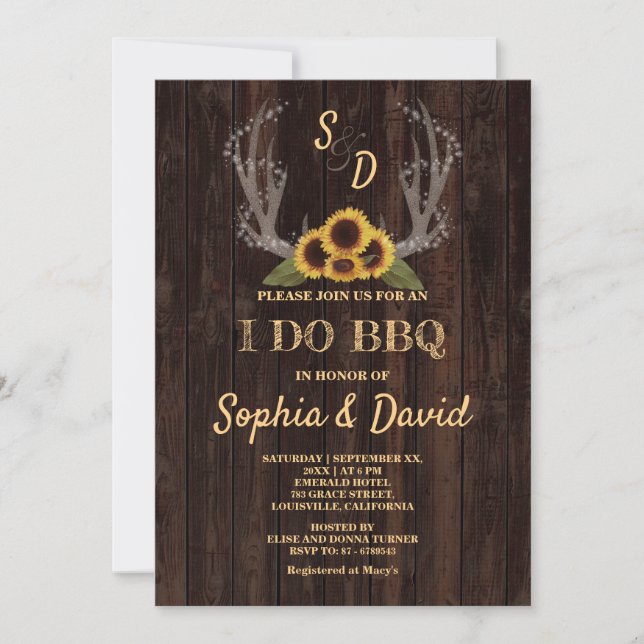 Convite de BBQ Rustic Country Sunflowers Antlers I (Frente)