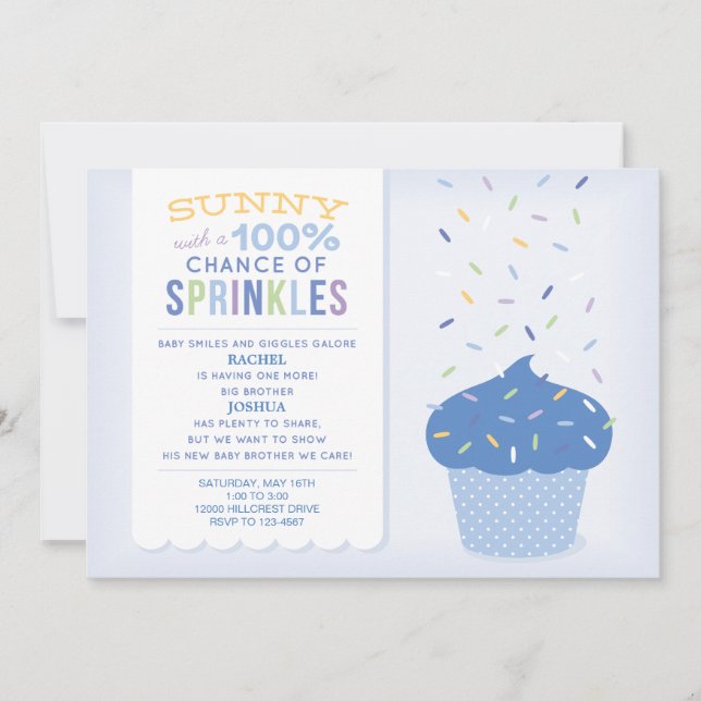 Convite de Bebê com Purpurina de Cupcake Azul (Frente)