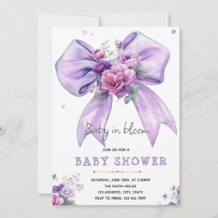 Convite de bebê em flor com laço roxo