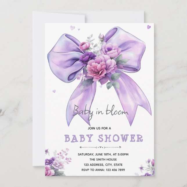 Convite de bebê em flor com laço roxo (Frente)