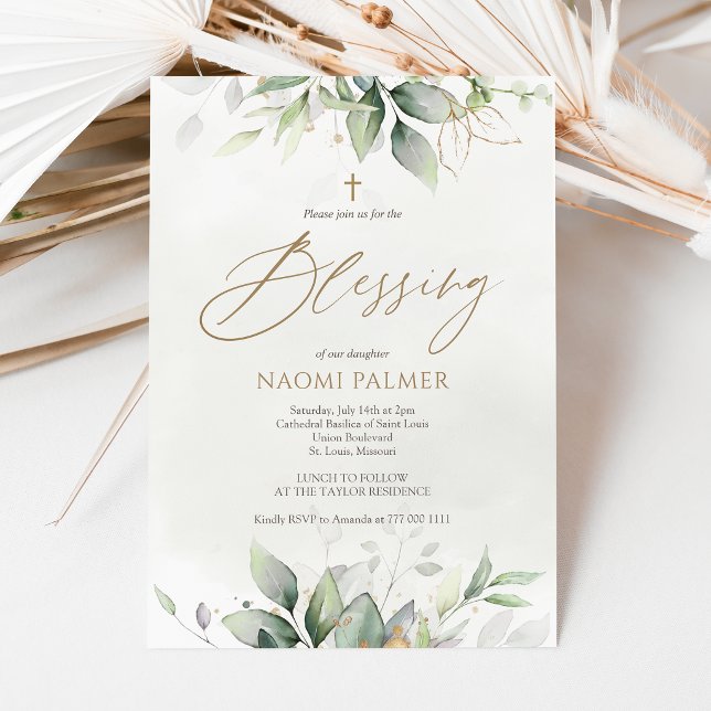 Convite de Bênção de Bebê com Aquarela Verde (Greenery Watercolor Baby Blessing Invitation Card)