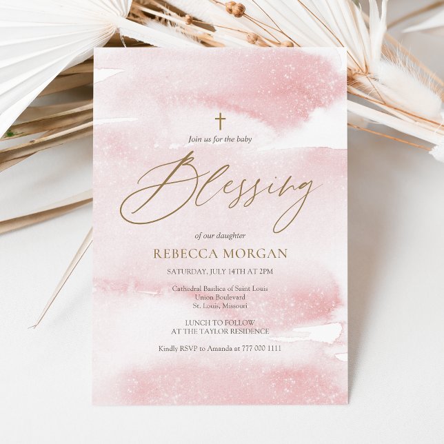 Convite de Bênção de Bebê em Aquarela Rosa Desbota (Dusty Pink Watercolor Baby Blessing Invitation Card)