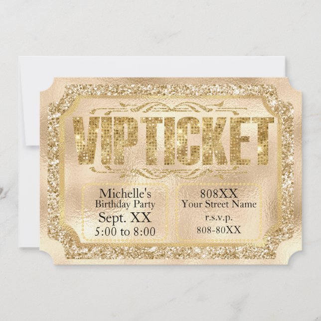 Convite de Bilhete com Brilho Dourado e Diamantes (Frente)