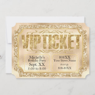 Convite de Bilhete com Brilho Dourado e Diamantes