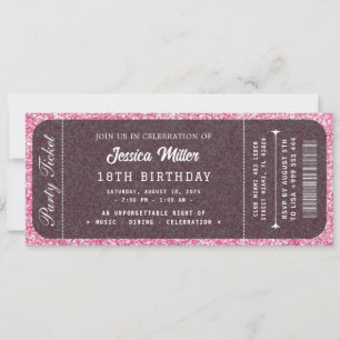 Convite de Bilhete de Aniversário com Brilho Rosa