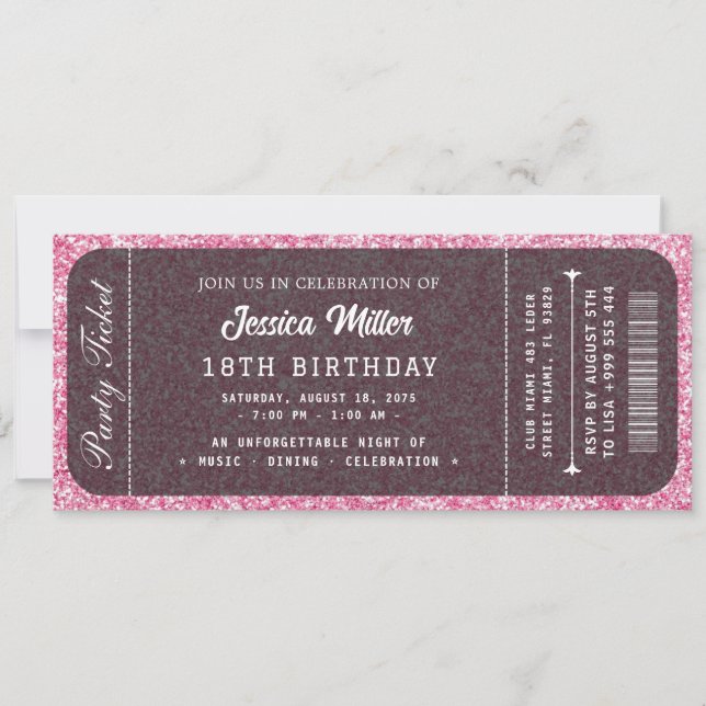 Convite de Bilhete de Aniversário com Brilho Rosa (Frente)