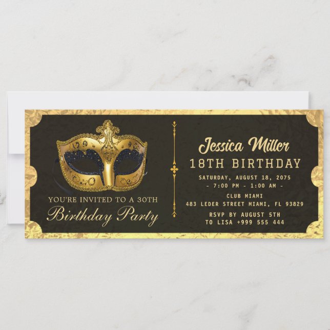 Convite de Bilhete de Aniversário Dourado (Frente)