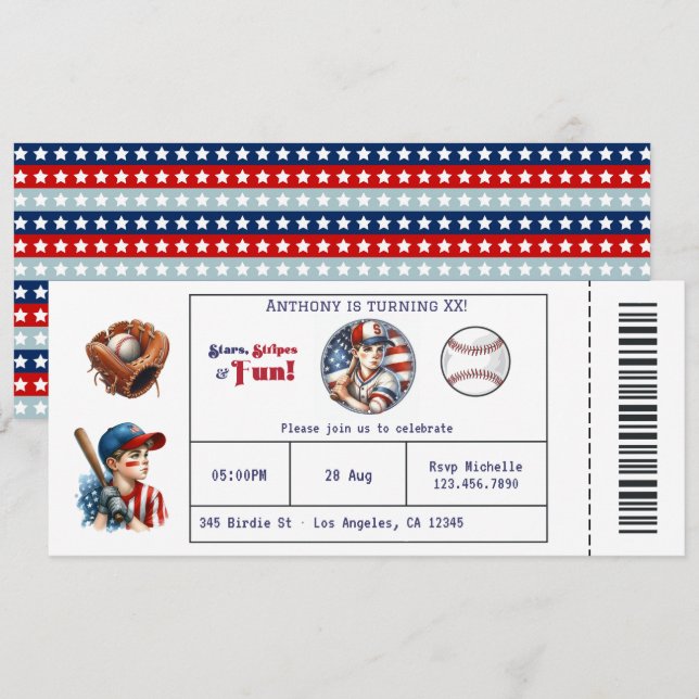 Convite de Bilhete de Beisebol para Festa de Anive (Frente/Verso)