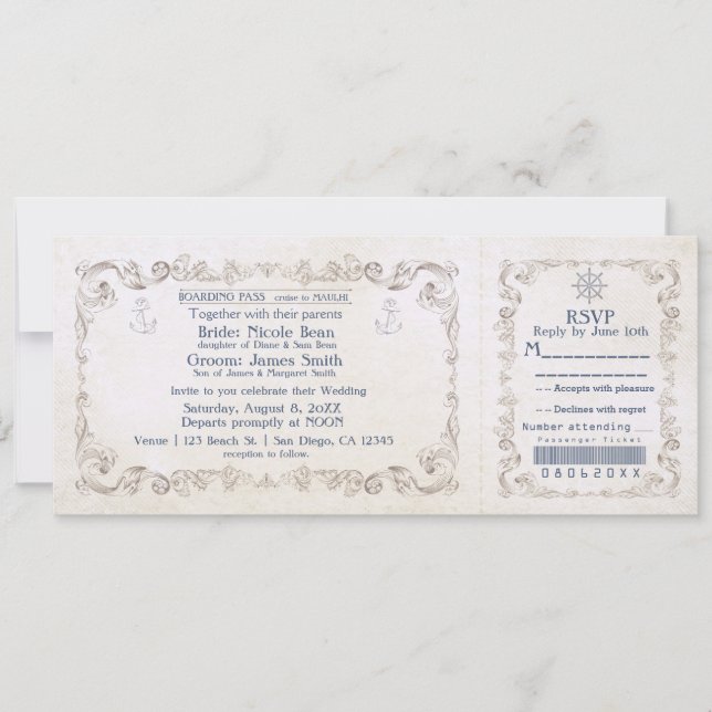 Convite de Bilhete de Cruzeiro Vintage Casamento N (Frente)