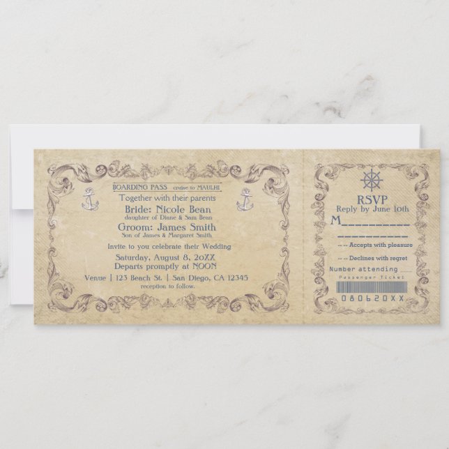 Convite de Bilhete de Cruzeiro Vintage de Casament (Frente)