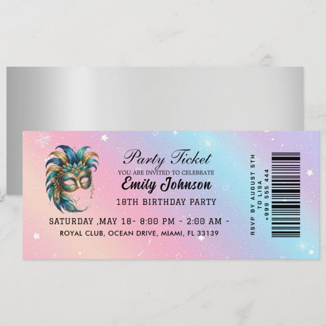 Convite de Bilhete de Festa à Fantasia Aniversário (Frente/Verso)