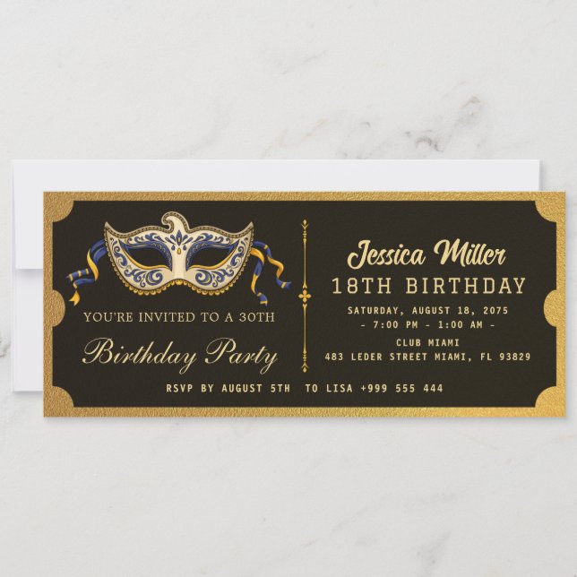 Convite de Bilhete de Festa de Aniversário Dourado (Frente)