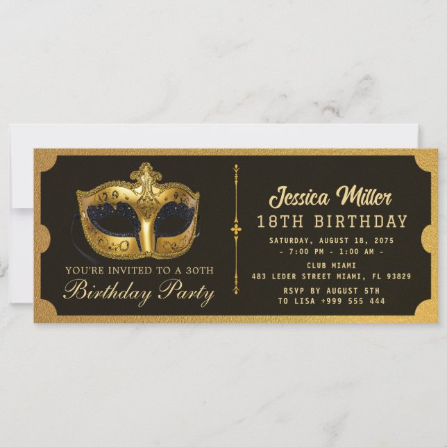 Convite de Bilhete de Festa de Aniversário Dourado (Frente)