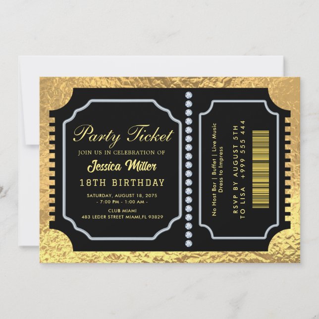 Convite de Bilhete de Festa Dourado (Frente)