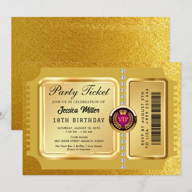 Convite de Bilhete de Festa Dourado (Frente/Verso)