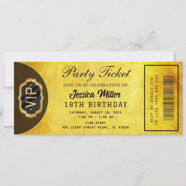 Convite de Bilhete de Festa Dourado (Frente)