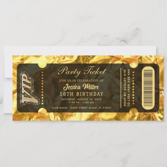 Convite de Bilhete de Festa Dourado (Frente)