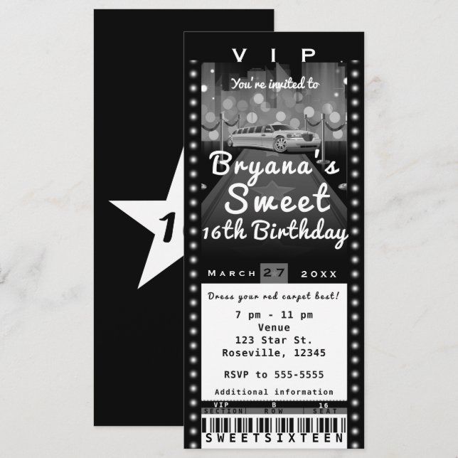 Convite de Bilhete de Festa Preto e Branco de Limu (Frente/Verso)