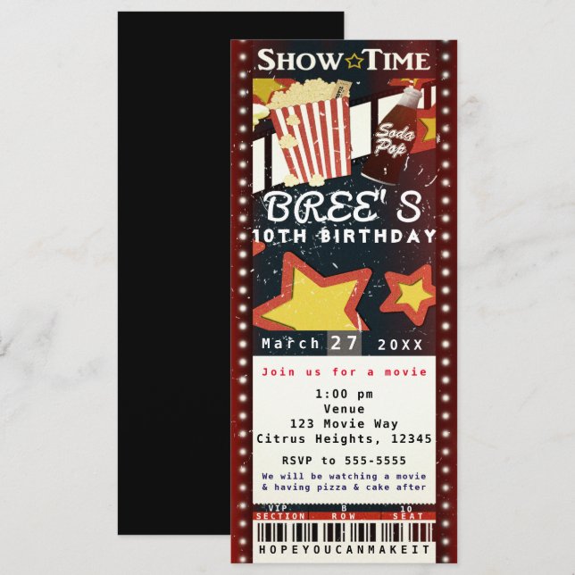 Convite de Bilhete de Festa VIP de Pipoca do Cinem (Frente/Verso)