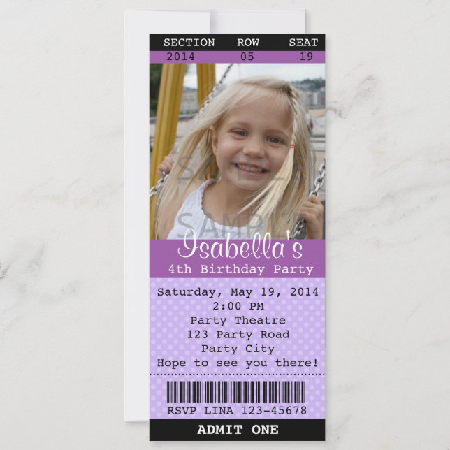 Convite de Bilhete (Roxo) Foto - Teatro/Cinema (Frente)