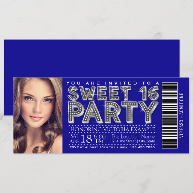Convite de Bilhete Sweet 16 Azul Real Prata (Frente/Verso)
