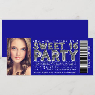 Convite de Bilhete Sweet 16 Azul Royal Prata