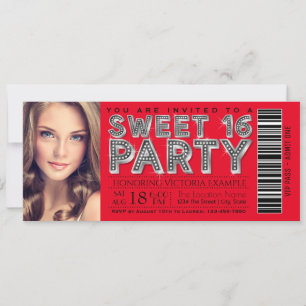 Convite de Bilhete Sweet 16 Vermelho Preto