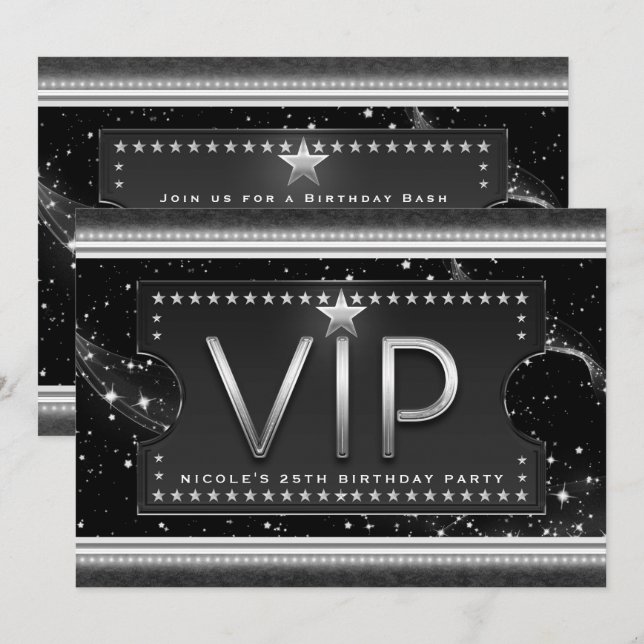 Convite de Bilhete VIP Black & Silver Chic Glam (Frente/Verso)