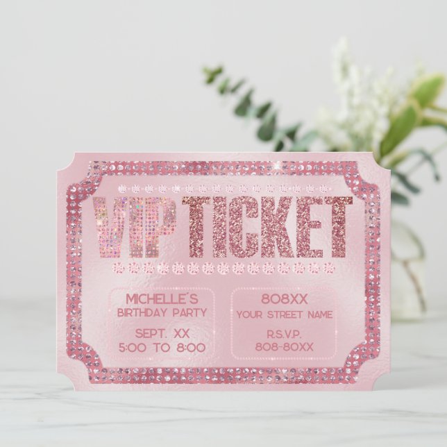 Convite de Bilhete VIP de Diamantes Rosa Glamouros (Em pé/Frente)