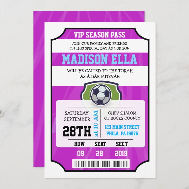 CONVITE DE BILHETE VIP DE FUTEBOL Bat Mitzvah (Frente/Verso)