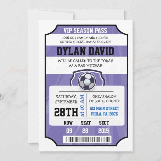 CONVITE DE BILHETE VIP DE FUTEBOL Purple Bat Mitzv (Frente)