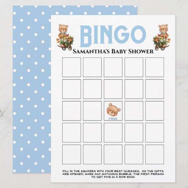 Convite de Bingo Azul Floral para Chás de Bebê Men (Frente/Verso)