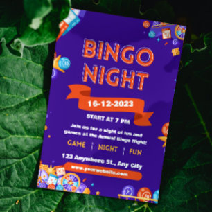 Convite de Bingo Divertido Roxo e Laranja para Noi