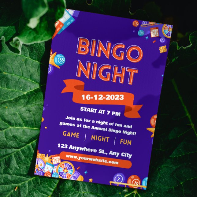 Convite de Bingo Divertido Roxo e Laranja para Noi (Criador carregado)