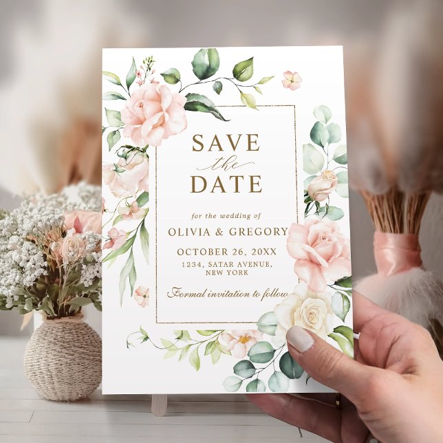 Convite de Blush Rosa Floral Dourado Save The Date (Criador carregado)
