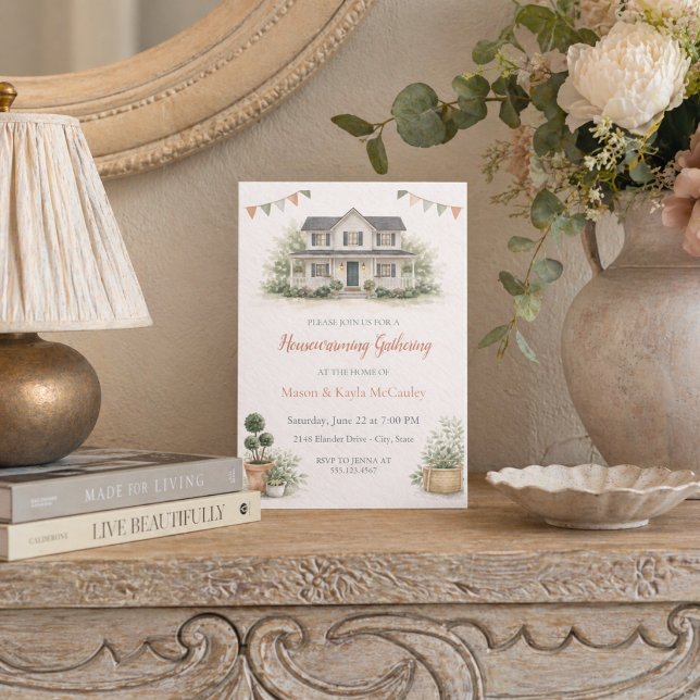 Convite de Boas-Vindas da Cottage Blush (Blush cottage housewarming with soft greenery and a welcoming porch scene)