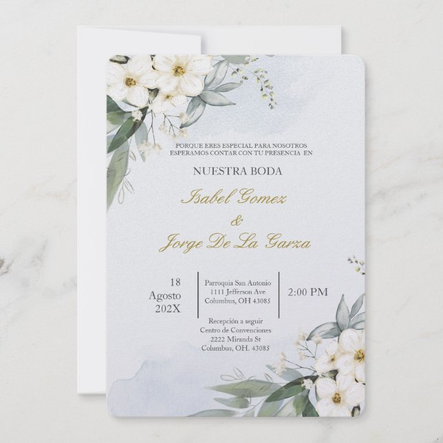 Convite de boda en espanol con flor blanca (Frente)