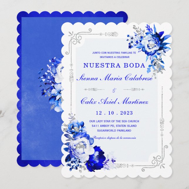 Convite De Boda Originales y Elegantes en Azul Rey (Frente/Verso)
