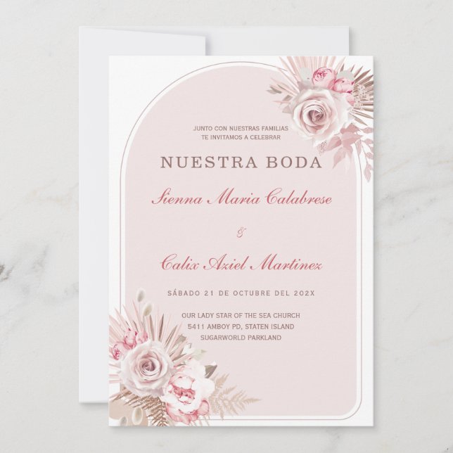 Convite de Boda Romántica en Tono Rosa Pastel con Flores (Frente)