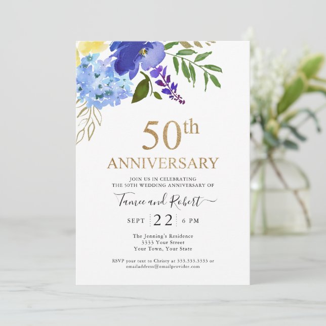 Convite de Bodas de Ouro 50 Anos Azul Roxo Dourado (Em pé/Frente)