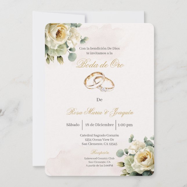 Convite de bodas de ouro em branco bege editável (Frente)
