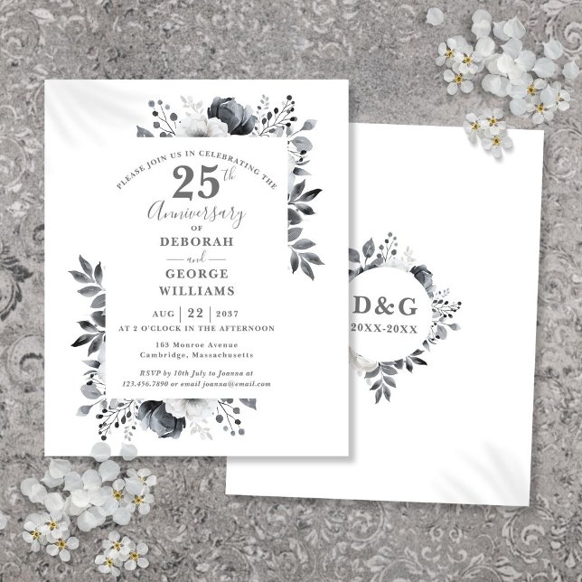 Convite de Bodas de Prata de 25 Anos com Flores em (Budget Floral 25th Wedding Anniversary Invitation)
