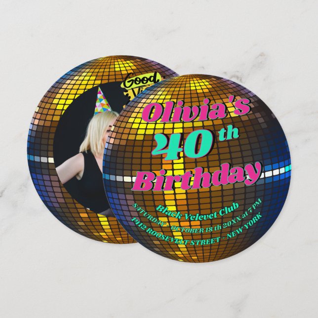 Convite de Bola de Discoteca Retro Personalizada:  (Frente/Verso)