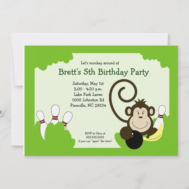 Convite de Boliche Festa de Aniversário Macaco 5x7 (Frente)