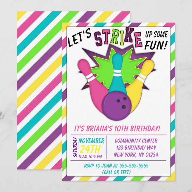 Convite de Boliche para Festa de Aniversário de Me (Frente/Verso)