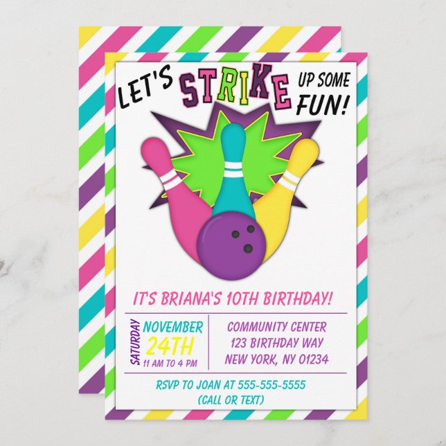 Convite de boliche para uma Festa de aniversario d (Frente/Verso)