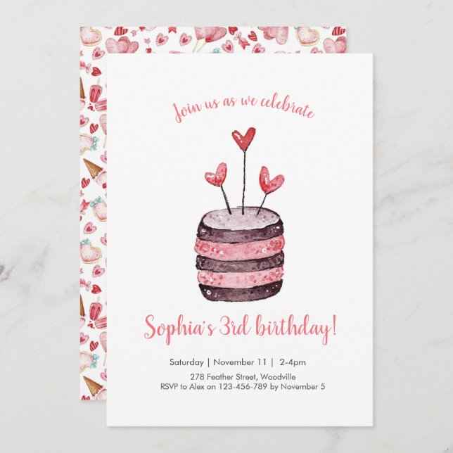 Convite De Bolo De Aniversário De Coração Rosa (Frente/Verso)