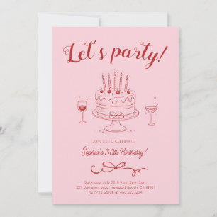 Convite de Bolo de Aniversário Rosa Cereja Vermelh