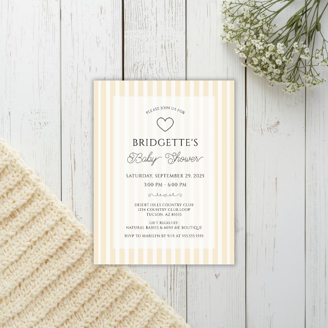 Convite de Bolso de Chuvinha de Bebê com Listras A (Elegant butter yellow baby shower pocket invitation postcard size for preppy event with simple heart)