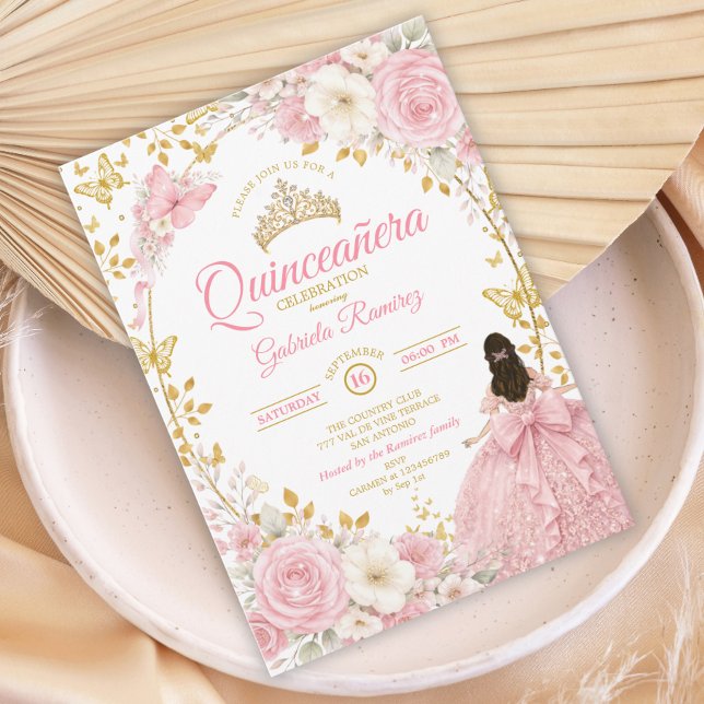 Convite de Borboleta Dourada Quinceañera Rosa Cora (Criador carregado)